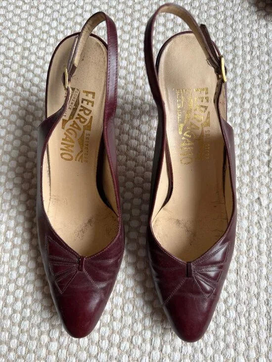 Salvatore Ferragamo | Vintage Burgundy Brown Slingback Heels - Picture 1 of 13
